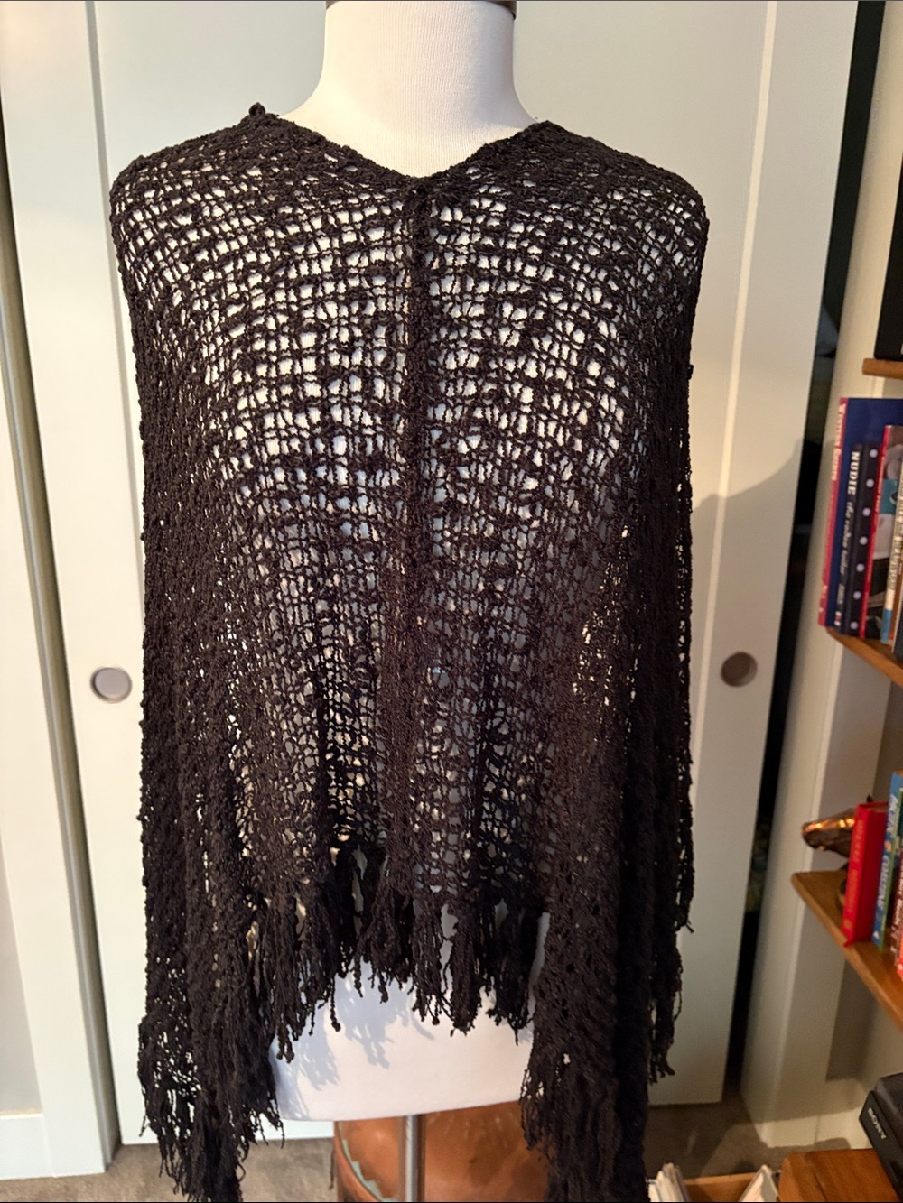 Open-Weave Black Fringe Poncho Sweater